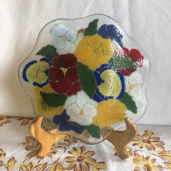 Fused Glass Peggy Karr Fluted Pansy Bowl/Dish - Picture 2 of 2